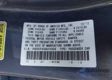2013 Honda Accord Ex-L V-6 from USA, damaged, VIN 1HGCR3F80DA016458